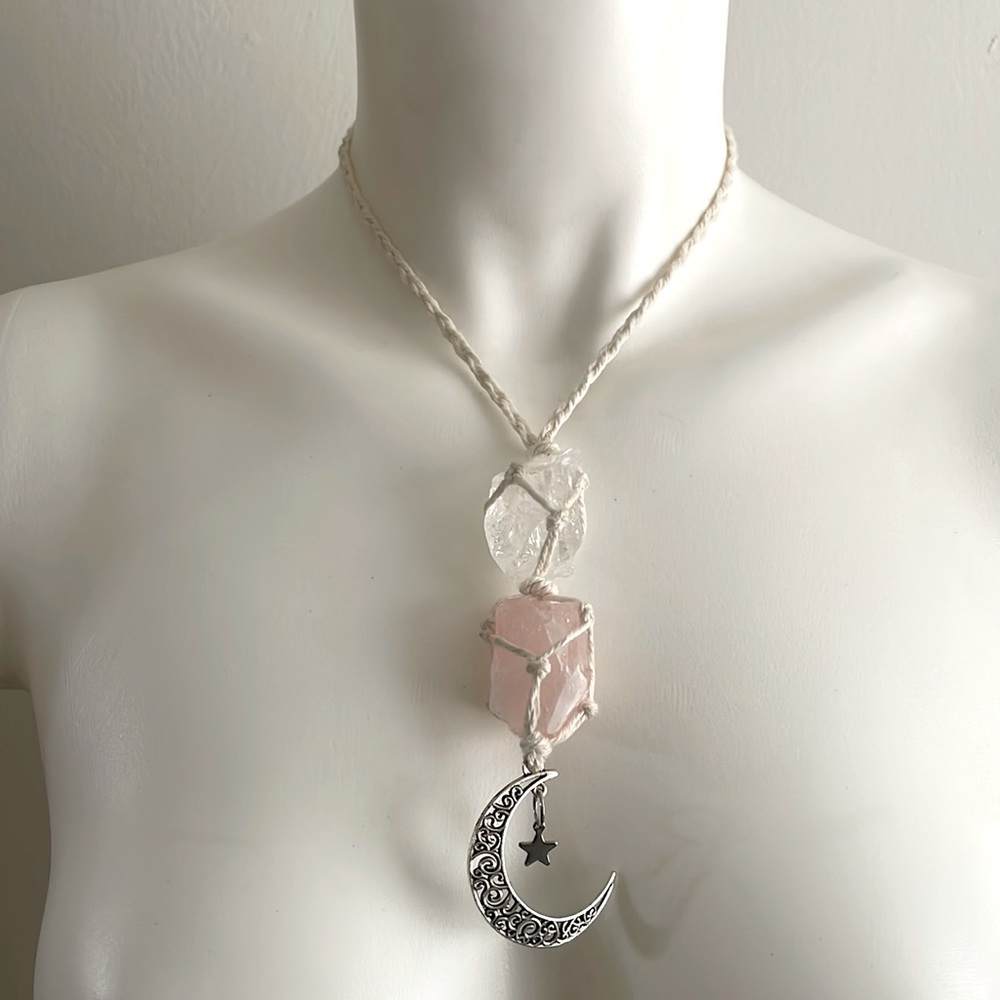 Handmade pink and clear quartz necklace